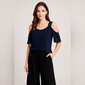 Chicos Travelers Top Slinky Knit Medium Wrinkle Resistant Neutral Staple Blue